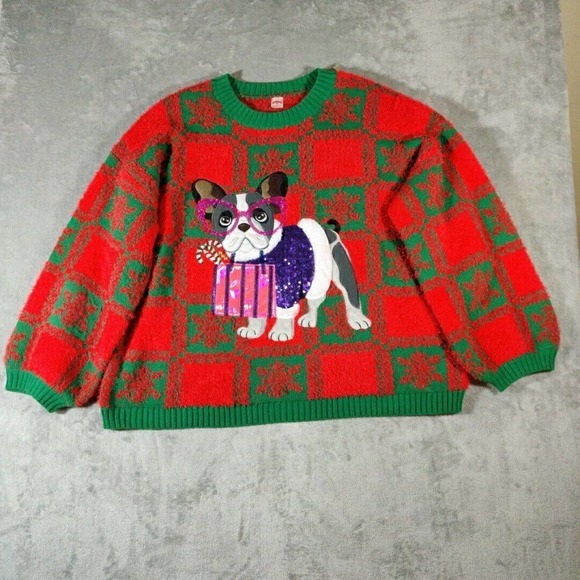Holiday Time‎ Sweater Womens 2X 20W/ 22W Ugly Christmas Funny Cute Boxer Dog - Picture 1 of 8